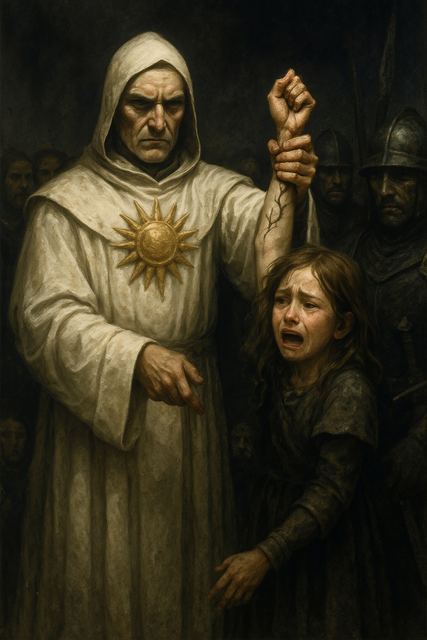 Kapłan odsłaniający ramię z czarnymi żyłami w dramatycznym świetle